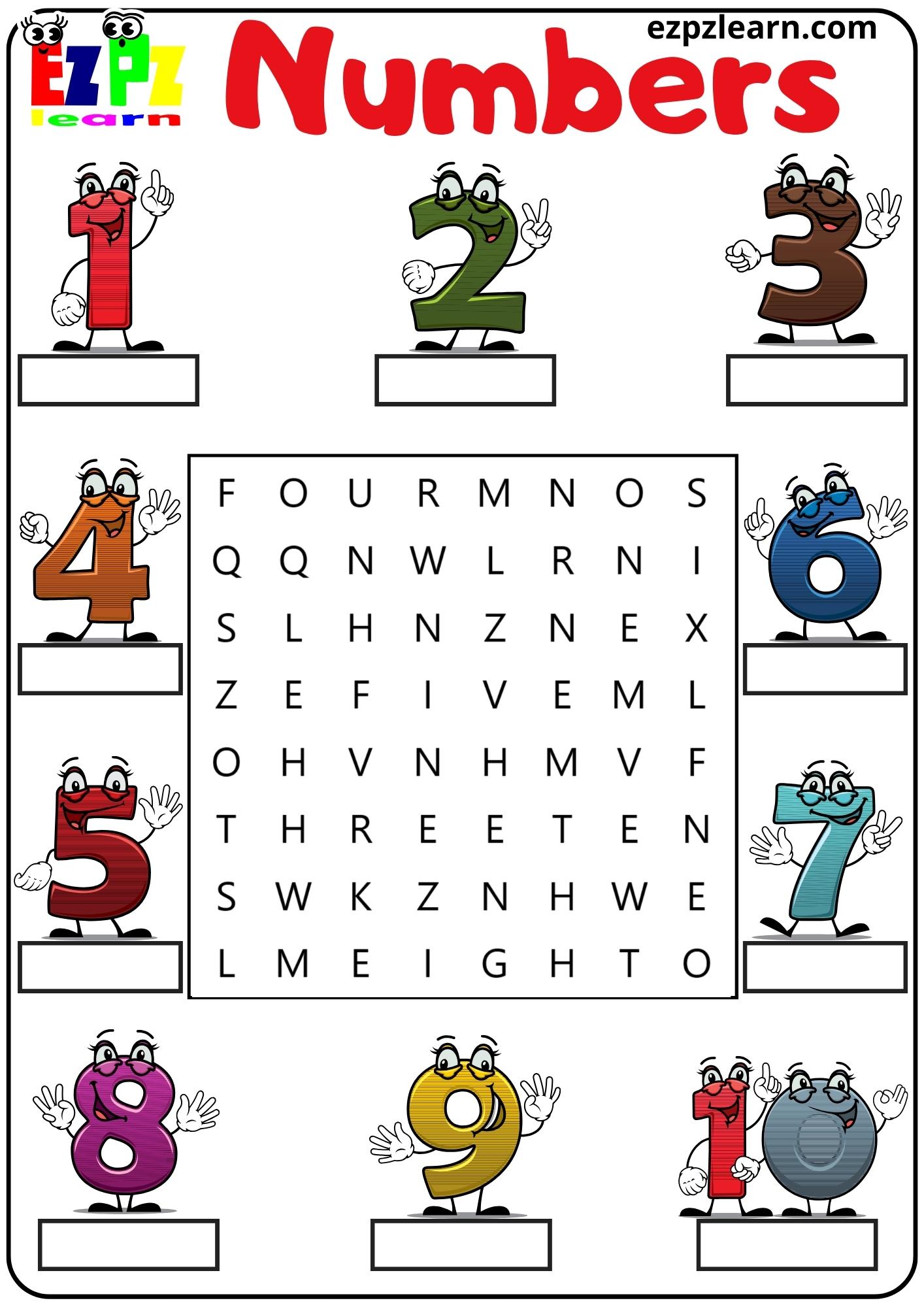 Numbers Word Search and Write the Words for Kids and English Language